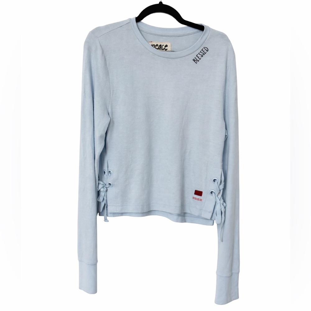 Peace Love World Blessed French Terry Side Tie Sweatshirt Blue